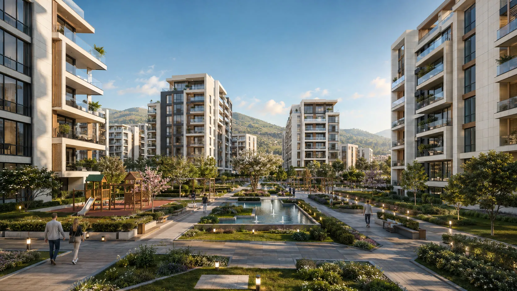 Yaşayış kompleksi meydanı və su elementləri